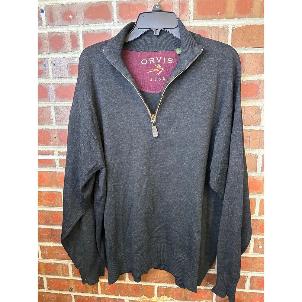 ORVIS Sweater Mens Large BLACK Merino Wool 1/4 Zip Lined Casual Outdoor Pullover